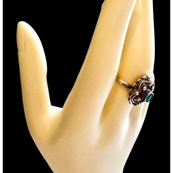 Antique Mexican Sterling Silver Filigree Flower Ring Turquoise Stone Sz 7.75 - Picture 9 of 10